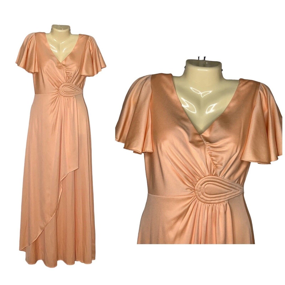 Vintage Dress Womens XS Peach 70s Hostess Maxi Boho Flutter Sleeve Faux Wrap Zip